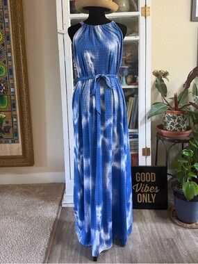 Blue Tie-Dye Halter Maxi Dress